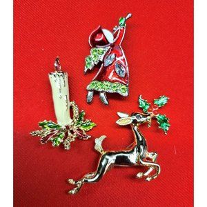 Christmas Pin Brooch Christmas Reindeer Holly Leaf Candle Angel Set of 3